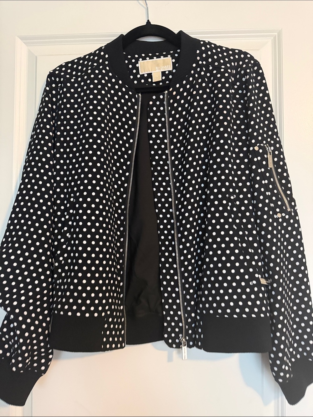 Michael Kors Black and White Polka Dot Bomber Jacket